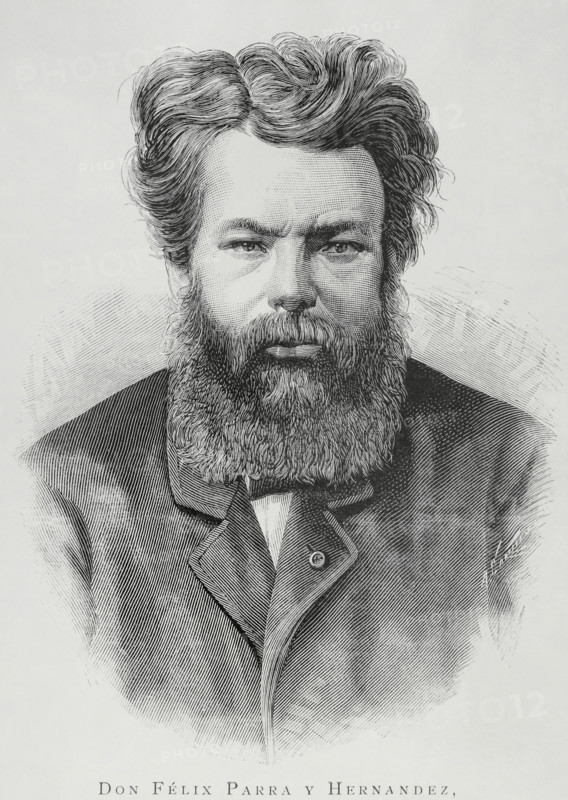 Felix Parra (Felix Parra Hernandez) (1845-1919). Mexican painter and academic. He was a member of the board of directors of the Academia de San Carlos (Academy of San Carlos) in Mexico City. Portrait. Engraving by Arturo Carretero (1852-1903). The Spanish and American Illustration (La Ilustracion Espanola y Americana), 1884.