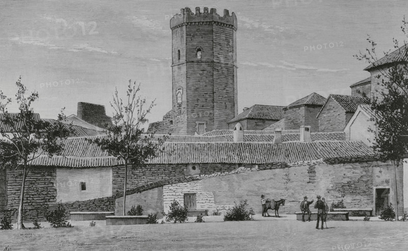 History of Spain. Porcuna, Jaen province, Andalusia. Tower of Boabdil. It was commissioned by Luis de Guzman, Master of the Order of Calatrava, between 1411 and 1435. It was erected on a corner of the old Moorish castle. Boabdil (Muhammad XII of Granada), the last sultan of the Nasrid Kingdom of Granada, was imprisoned there when he was captured by Christian forces of the Crown of Castile in the Battle of Lucena (23 April 1483). Drawing by Manuel Nao (1843-1884). Engraving by Tomas Carlos Capuz (1834-1899). The Spanish and American Illustration (La Ilustracion Espanola y Americana), 1884.