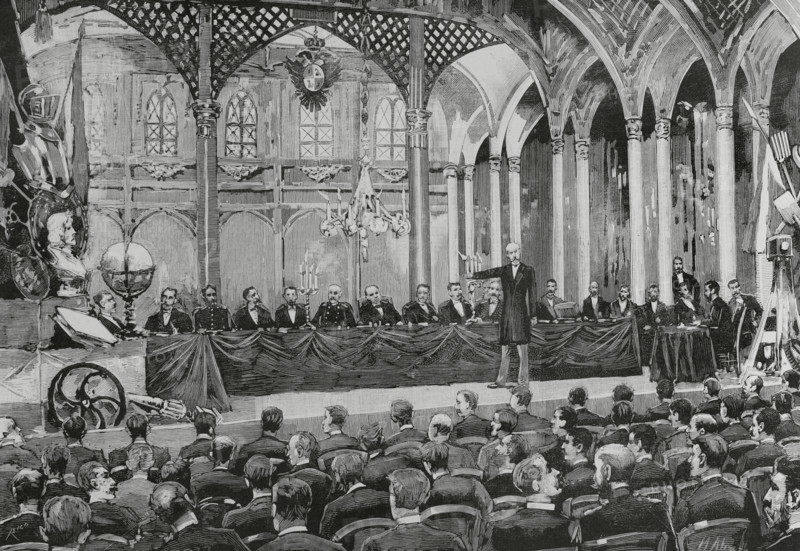 History of Spain. Toledo. Institution of the Sociedad Cooperativa para Obreros (Workers' Cooperative Society). Segismundo Moret y Prendergast (1833-1913) in the inaugural speech, 29 June 1884. Constitution of the social reforms Commission, formed by 52 people. Event held in the city theatre, under the presidency of the civil governor of the province. Drawing from life by Manuel Alcazar. Engraving by Bernardo Rico (1825-1894). The Spanish and American Illustration (La Ilustracion Espanola y Americana), 1884.