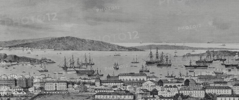 Toulon, France. General view of the city and port. Engraving. The Spanish and American Illustration (La Ilustracion Espanola y Americana), 1884.