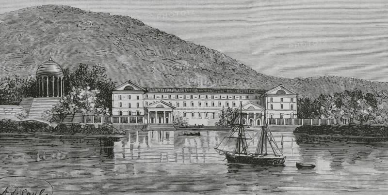 France. Hospital of Saint-Mandrier. It was intended for cholera patients during the epidemic. The building is located on the peninsula of Cape Cepet. Cholera entered France through the port of Toulon. Drawing by A. de Caula. Engraving. The Spanish and American Illustration (La Ilustracion Espanola y Americana), 1884.