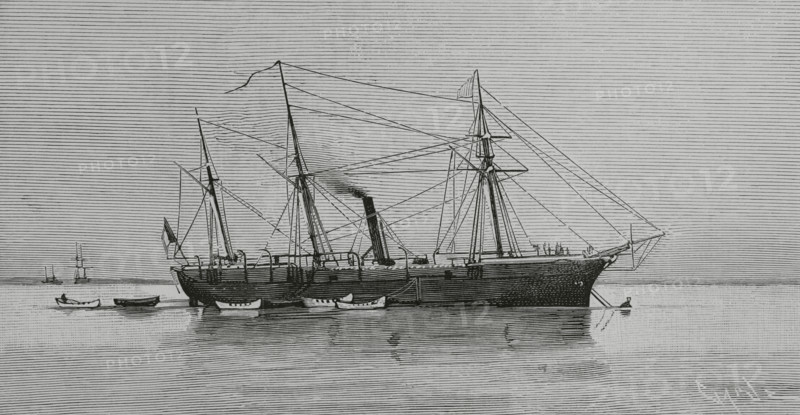 Toulon, France. Vessel the ""Sarthe"". Evidence suggests that the cholera epidemic of 1884 in Southern Europe was imported into France by the ""Sarthe"", a badly disinfected ship on which there had already been cases of cholera. Engraving by Capuz (1834-1899). The Spanish and American Illustration (La Ilustracion Espanola y Americana), 1884.