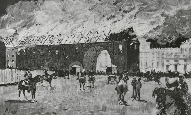 History of Spain. Fire of the Royal Armoury of Madrid (Real Armeria de Madrid) in the early hours of the morning of 9-10 July 1884. Aspect of the burnt building at two in the morning of the 10th, when the roof had already been completely destroyed and the first wounded had been found. Drawing by Manuel Alcazar. Engraving. The Spanish and American Illustration (La Ilustracion Espanola y Americana). July 15, 1884.