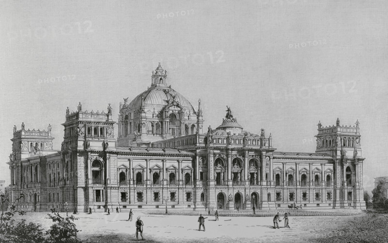 Berlin, Germany. Design of the Reichstag building by the architect Paul Wallot (1841-1912) in 1882. In February 1882 an architectural contest was held. Wallot's design was chosen. It was built between 1884 and 1894. Engraving. The Spanish and American Illustration (La Ilustracion Espanola y Americana), 1884.