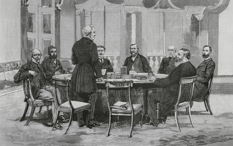 The Egyptian Conference. European conference on the affairs of Egypt held in London, 1884. Summit attended by the representatives of the major powers. The first session of the conference, on the afternoon of 28 June 1884, chaired by Lord Granville (British Foreign Secretary), in the meeting room of the Foreign Office. Scene of the meeting. Seated from left: Count Munster (Germany), Musurus Pasha (Turkey), Count de Nigra (Italy), Waddington (France), Baron de Staal (Russia), Childers (England) and Count Karoly (Austria-Hungary). Standing, starting the meeting, Lord Granville. Engraving by Bernardo Rico (1825-1894). The Spanish and American Illustration (La Ilustracion Espanola y Americana), 1884.