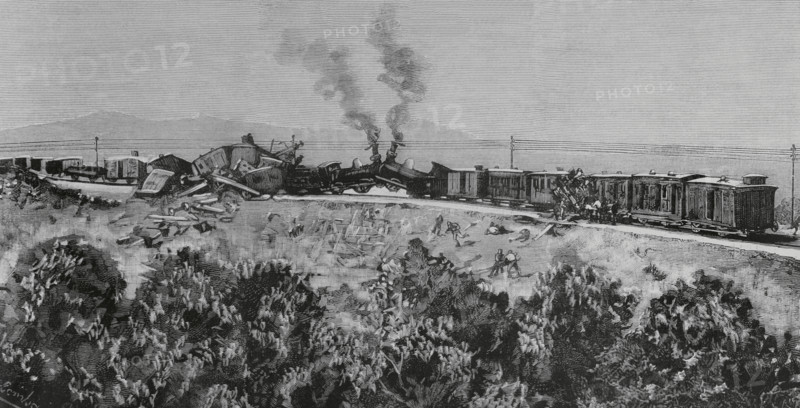 Spain. Ferrocarril del Noroeste (North Western Railway). 8 July 1884. Collision of two trains on the Otero curve, at km. 183 of the Galicia line, between the stations of Astorga and Vega de Magaz. Express train no. 1, coming from Madrid, crashed into a goods train. The total number of injured was fourteen, and a young child died on the spot. Drawing by Juan Comba. Engraving by Bernardo Rico (1825-1894). The Spanish and American Illustration (La Ilustracion Espanola y Americana), July 22, 1884.