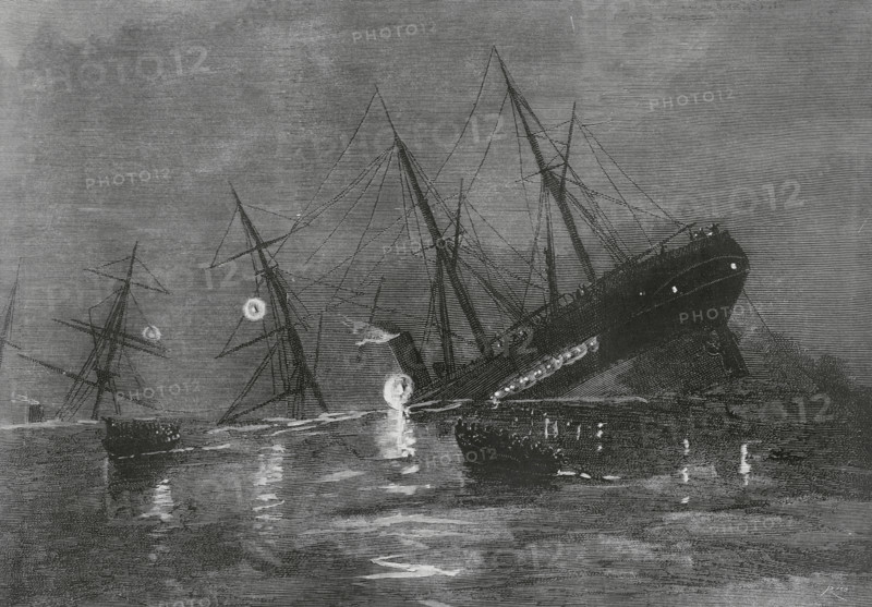 Galicia, Spain. Collision and shipwreck, at dusk on 21 July 1884, of the steamers ""Gijon"" (Spanish) and ""Lexham"" (English), off the Sisargas Islands, between the latter and Cape Vilan. Drawing by A. de Caula. Engraving by Bernardo Rico (1825-1894). The Spanish and American Illustration (La Ilustracion Espanola y Americana). July 30, 1884.