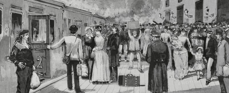 Toulon, France. Cholera epidemic. Asiatic cholera entered through this Mediterranean coastal town. Population fleeing the epidemic. Engraving. The Spanish and American Illustration (La Ilustracion Espanola y Americana), 1884.