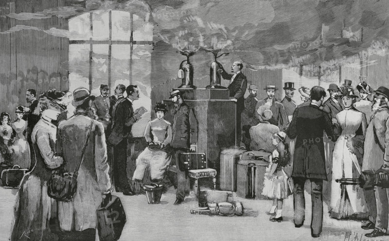 Cholera epidemic. France. Paris. Fumigation of travellers coming from Toulon and Marseille (port cities through which cholera was introduced from Asia), at the ‘Paris-Lyon-Mediterranee’ railway station. Passengers and luggage were disinfected in a room by means of intense nitrous vapours for half an hour. As soon as the train arrived, passengers were moved to a special room which was immediately sprayed with sodium phenate, in considerable proportion, and there they were subjected to the action of the pungent vapours exhaled by some devices, charged with crystals of nitrous sulphuric acid. Meanwhile, police inspectors were taking down the names and addresses of the travellers. Drawing by Manuel Alcazar. Engraving by Bernardo Rico (1825-1894). The Spanish and American Illustration (La Ilustracion Espanola y Americana), 1884.