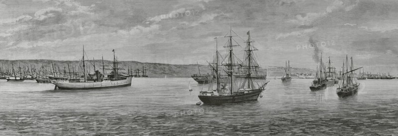Port of Mahon (Port of Mao), Minorca, Balearic Islands, Spain. Ships anchored in front of the lazaretto, suffering quarantine due to the cholera epidemic that originated in France. Engraving. The Spanish and American Illustration (La Ilustracion Espanola y Americana), 1884.