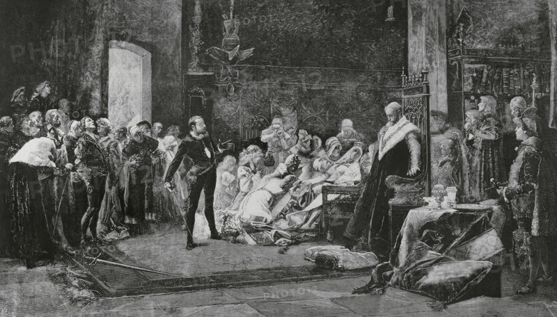 Performance of the play ‘Hamlet’ by William Shakespeare (1564-1616). Penultimate scene of Act 5. It takes place in a room of the castle where a sword contest between Hamlet and Laertes has just been played out, wager promoted by Claudius, the King of Denmark. After the third round, Laertes wounds Hamlet, being at the same time wounded with his own poisoned sword. Laertes is shown leaning on a group of servants. Queen Gertrude had toasted Hamlet, drinking from a cup presented to her by a page containing a poisoned pearl placed by Claudius, with the intention of presenting it to Hamlet to drink a toast if he were victorious. Engraving by Vela after the painting ‘Hamlet (last scene)’, by Salvador Sanchez Barbudo Morales (1857-1917). The Spanish and American Illustration (La Ilustracion Espanola y Americana), 1884.