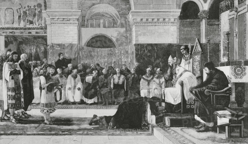 Sisenand (d. 636). Visigothic King of Hispania (631-636). King Sisenand before the Fourth Council of Toledo. It began on 5 December 633 in the Church of Santa Leocadia in Toledo, in the presence of King Sisenand and under the direction of Isidore, Bishop of Seville. Engraving after a painting by Vayreda y Vila. The Spanish and American Illustration (La Ilustracion Espanola y Americana). July 30, 1884.
