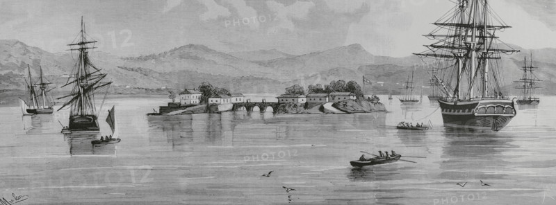 History of Spain. Island of San Simon, in the Vigo estuary. Pontevedra province, Galicia, Spain. General view of the lazaretto and the islands of San Simon and San Antonio, from the bay. The San Simon lazaretto became operational on 15 August 1842, and ceased to be used in 1927. Drawing by Rafael Monleon. Engraving by Rico. The Spanish and American Illustration (La Ilustracion Espanola y Americana). August 8, 1884.
