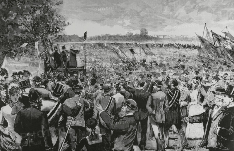 Reform of England's electoral system. Third Reform Act, 1884. Universal franchise was not established, although countryside and urban suffrage was equalised. Great popular meeting against the House of Lords, held at Hyde Park (London), on 19 July 1884, as the Lords voted against the new act. Deputy Mr. Bright, who had decided to retire from political life, announced to the crowd that he would remain in his seat of honour to fight, once again, the ""good fight"", the great battle for freedom. Drawing by Manuel Alcazar. Engraving by Bernardo Rico (1825-1894). The Spanish and American Illustration (La Ilustracion Espanola y Americana). August 15, 1884.
