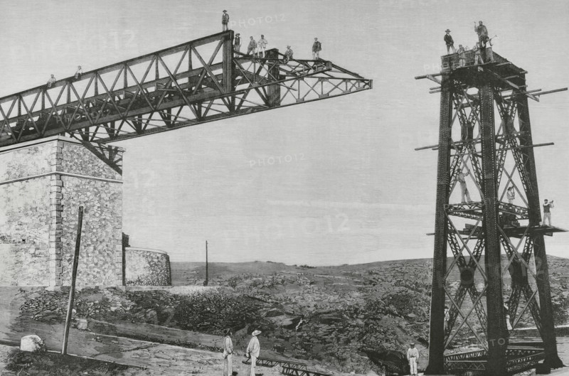 Salamanca, Spain. Laying of a bridge on the railway line from Salamanca to the Portuguese border. Extension of a section of the bridge-viaduct over the way from Medina del Campo station to Salamanca. Engraving by Bernardo Rico (1825-1894). The Spanish and American Illustration (La Ilustracion Espanola y Americana), 8 August, 1884.