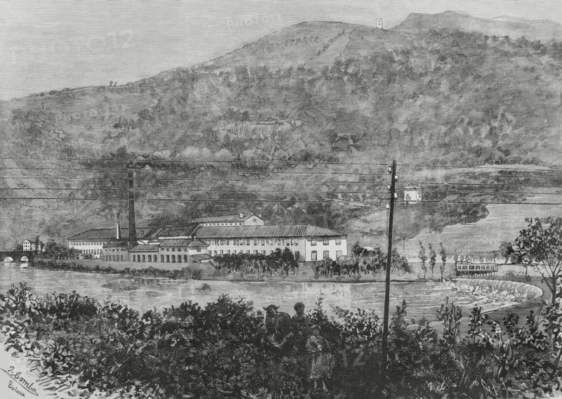 History of Spain. Tolosa, Basque Country. Exterior view of the paper mill ""La Guadalupe"", next to the river Oria. Drawing by Juan Comba. Engraving by Tomas Carlos Capuz (1834-1899). The Spanish and American Illustration (La Ilustracion Espanola y Americana), 1884.
