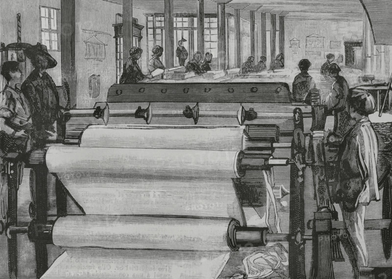 History of Spain. Tolosa, Basque Country. Interior view of the paper mill ""La Guipuzcoana"". Sizing. Drawing from life by Juan Comba. Engraving. The Spanish and American Illustration (La Ilustracion Espanola y Americana), 1884.