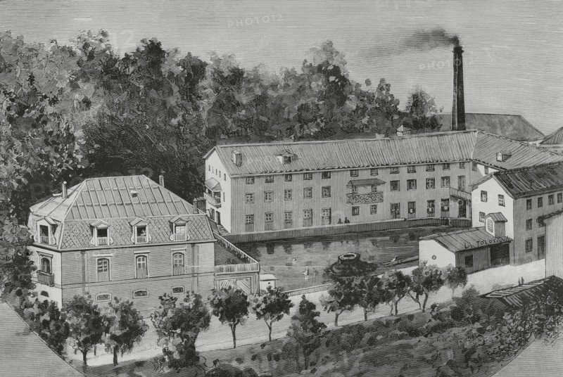History of Spain. Tolosa, Basque Country. Exterior view of the paper mill ""La Tolosana"". Drawing from life by Juan Comba. Engraving by Tomas Carlos Capuz (1834-1899). The Spanish and American Illustration (La Ilustracion Espanola y Americana), 1884.