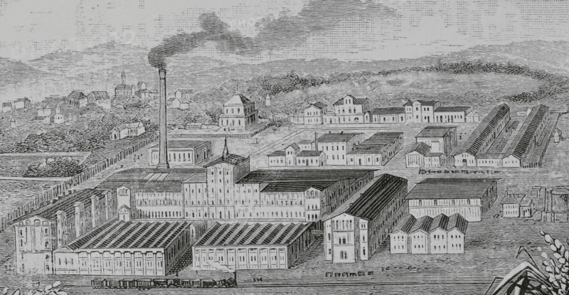 Germany. North Rhine-Westphalia. Lipppe district. Bad Salzuflen. General exterior view of the rice starch factory of E. Hoffmann and Company, founded in 1852. Drawing from life by Theodor Volz. Engraving. The Spanish and American Illustration (La Ilustracion Espanola y Americana), 1884.