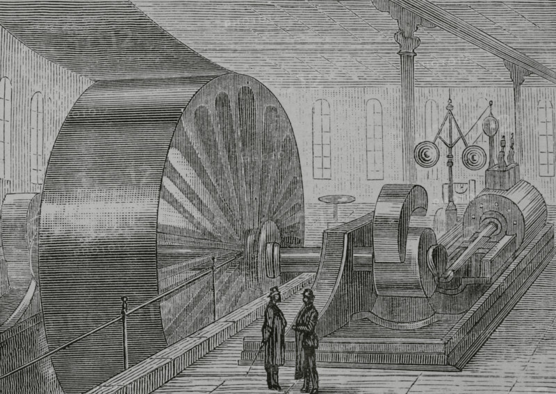 Germany. North Rhine-Westphalia. Lipppe district. Bad Salzuflen. Rice starch factory of E. Hoffmann and Company, founded in 1852. Steam engine room. Steam engine with a power of 600 hp. Drawing from life by Theodor Volz. Engraving. The Spanish and American Illustration (La Ilustracion Espanola y Americana), 1884.