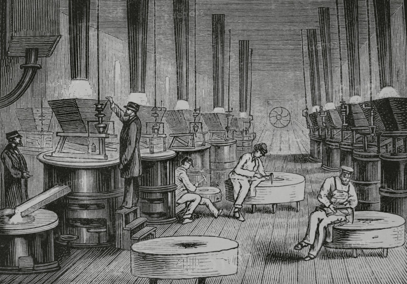 Germany. North Rhine-Westphalia. Lipppe district. Bad Salzuflen. Rice starch factory of E. Hoffmann and Company, founded in 1852. Rice mills. Drawing from life by Theodor Volz. Engraving. The Spanish and American Illustration (La Ilustracion Espanola y Americana), 1884.