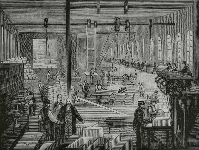 Germany. North Rhine-Westphalia. Lipppe district. Bad Salzuflen. Rice starch factory of E. Hoffmann and Company, founded in 1852. Woodworking workshop. Drawing from life by Theodor Volz. Engraving. The Spanish and American Illustration (La Ilustracion Espanola y Americana), 1884.