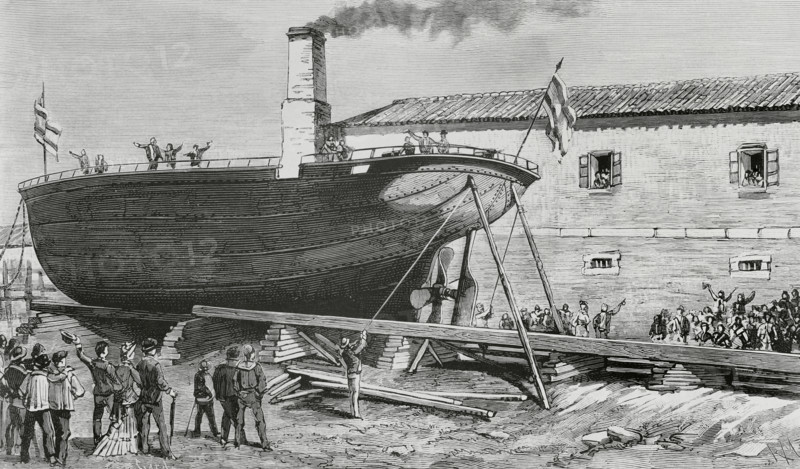 Spanish industry, 19th century. Ferrol, Galicia. Launching of the first iron ship built in the shipyards of Messrs. Otero, Gil and Co., on 20 August 1884. Drawing by Monleon. Engraving by Capuz. The Spanish and American Illustration (La Ilustracion Espanola y Americana). September 15, 1884.
