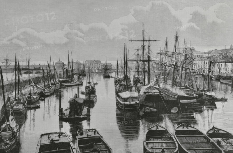 History of Spain. Gijon, Asturias. View of the port. Engraving by Bernardo Rico (1825-1894). The Spanish and American Illustration (La Ilustracion Espanola y Americana), 1884.
