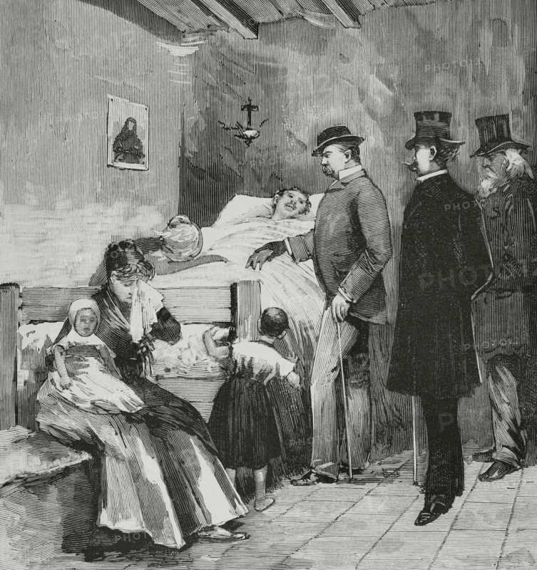 Italy. Naples. Cholera. Visit of King Humbert I of Savoy (1844-1900) to the sick of the Arrabal. Engraving. The Spanish and American Illustration (La Ilustracion Espanola y Americana), 1884.