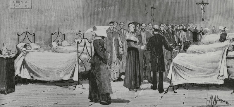 Italy. Naples. Cholera epidemic. Cardinal-Archbishop Sanfelice (Guglielmo Sanfelice d'Acquavella) (1834-1897) visiting the sick. Engraving. The Spanish and American Illustration (La Ilustracion Espanola y Americana), 30 September 1884.