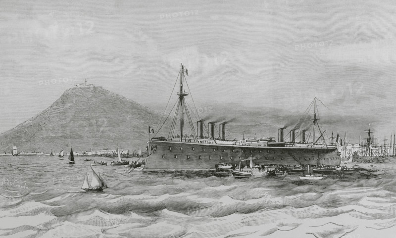 Regia Marina (Royal Italian Navy). ""Lepanto"". Ironclad battleship built for the Italian Regia Marina, the second and last ship of the Italia class. It was designed by Benedetto Brin (1833-1898) and built at the ""Cantiere navale fratelli Orlando"" (Orlando Brothers Shipyard), in Livorno (Italy), laid down in November 1876, launched in March 1883, and completed in August 1887. Armed with a main battery of four 432 mm (17 in) guns. Drawing by A. de Caula. Engraving by Tomas Carlos Capuz (1834-1899). The Spanish and American Illustration (La Ilustracion Espanola y Americana), 1884.