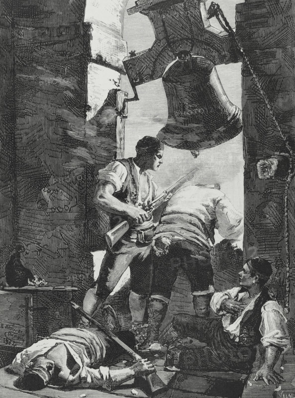 Heroic defence of the tower of Saint Augustine in Zaragoza in the Peninsular War. Episode that took place on 1 February 1809, during the Second Siege of Zaragoza in the Peninsular War (1808–1814). The tower of Saint Augustine belonged to the Augustinian convent building, which was destroyed in the siege. Engraving by Vela after the painting by Cesar Alvarez Dumont (1866-1945), 1884. The Spanish and American Illustration (La Ilustracion Espanola y Americana), 1884.