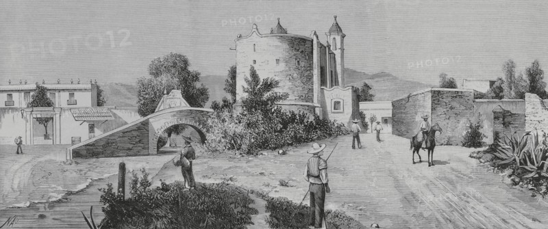 History of Mexico. Chapel of San Antonio Chimalistac, former entrance to the village of San Angel (south of Mexico City). Next to it is shown the old Hacienda del Altillo, which belonged to the Marquises of Aguayo. Drawing by Manuel Nao (1843-1884). Engraving by Bernardo Rico (1825-1894). The Spanish and American Illustration (La Ilustracion Espanola y Americana), 1884.