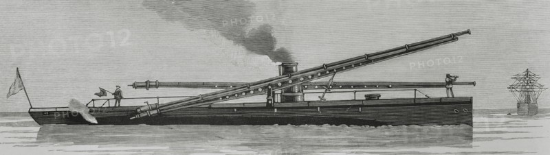 Gun for firing dynamite projectiles. It was tested at Fort Hamilton, one of the US Army installations in New York. US cruiser equipped with this type of gun. Engraving. The Spanish and American Illustration (La Ilustracion Espanola y Americana), 1884.