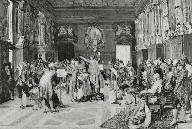 Rehearsal of an antiphon for full orchestra. Engraving by Severini after a painting by the Spanish artist Jimenez Aranda. The Spanish and American Illustration (La Ilustracion Espanola y Americana). Supplement to issue XXXVI, September 1884.