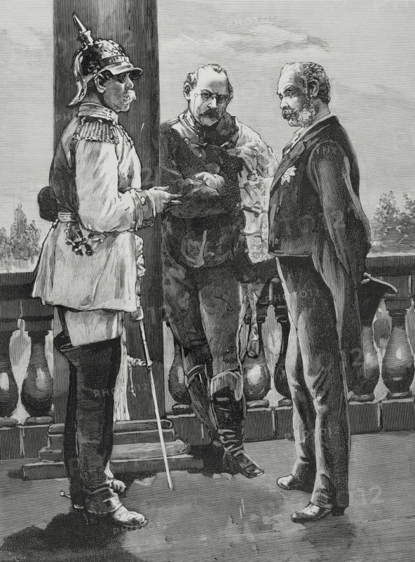 League of the Three Emperors. Alliance formed from 1873 to 1887 by the emperors of the German, Austro-Hungarian and Russian empires. They created a common front to oppose liberal forms of government in Western Europe. Three Emperors’ Meeting in Skierniewicz (Poland) (15-17 September, 1884). Chancellors Otto von Bismarck (German), Nikolay Girs (Russian) and Gustave Kalnoky (Austrian). Engraving. The Spanish and American Illustration (La Ilustracion Espanola y Americana), October 8, 1884.
