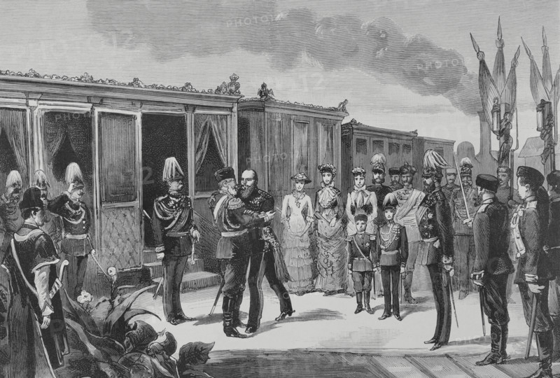 League of the Three Emperors. Alliance formed from 1873 to 1887 by the emperors of the German, Austro-Hungarian and Russian empires. They created a common front to oppose liberal forms of government in Western Europe. Three Emperors’ Meeting in Skierniewicz (Poland) (15-17 September, 1884). Arrival of Emperor Wilhelm I of Germany in Skierniewice. Engraving. The Spanish and American Illustration (La Ilustracion Espanola y Americana), October 8, 1884.