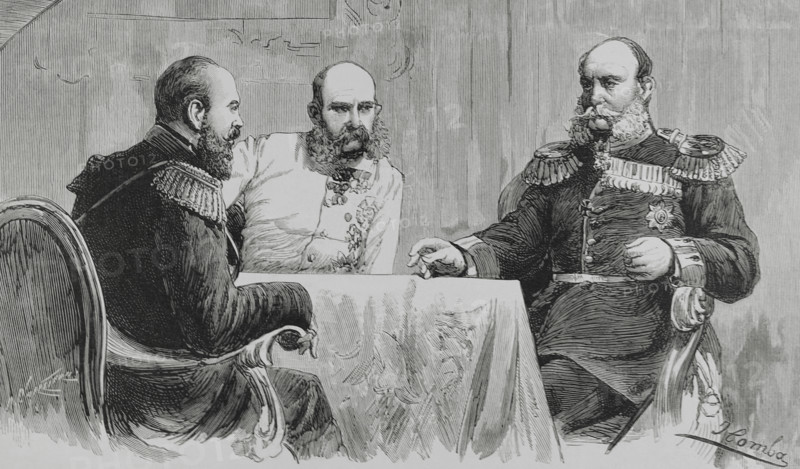 League of the Three Emperors. Alliance formed from 1873 to 1887 by the emperors of the German, Austro-Hungarian and Russian empires. They created a common front to oppose liberal forms of government in Western Europe. Three Emperors’ Meeting in Skierniewicz (Poland) (15-17 September, 1884). On the evening of 16 September, Emperors Alexander III (Russia), Franz Joseph (Austria), Wilhelm I (Germany), and their respective ministers, Otto von Bismarck (German), Nikolay Girs (Russian) and Gustave Kalnoky (Austrian), met in the Tsar's palace. They discussed mutual relations and policies related to Polish independence. The three emperors in conversation. Drawing by Juan Comba. Engraving by Arturo Carretero (1852-1903). The Spanish and American Illustration (La Ilustracion Espanola y Americana), October 8, 1884.