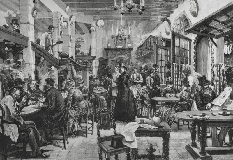 Paris, France. Cabaret called ‘L'Auberge des Adrets’. It replicated the appearance of an old inn. View of the entrance hall. Drawing from life by Pellicer. Engraving by Bernardo Rico (1825-1894). The Spanish and American Illustration (La Ilustracion Espanola y Americana), 1884.
