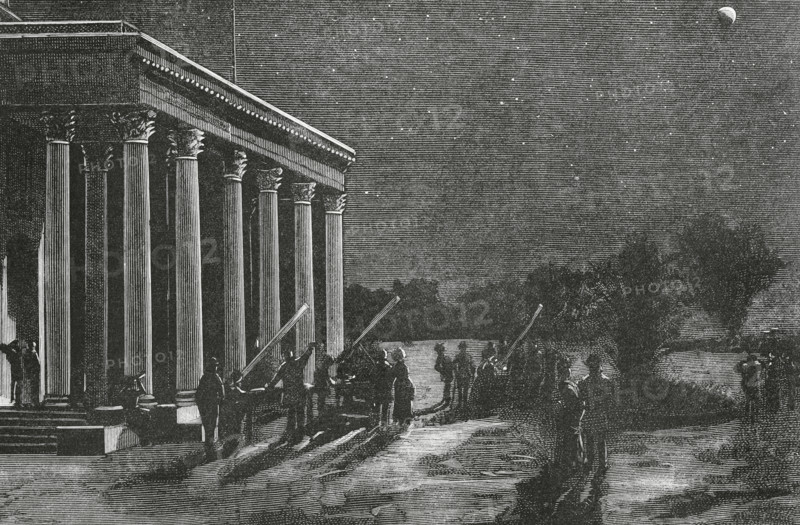 Spain. Madrid. Observation of the lunar eclipse from the peristyle of the Astronomical Observatory, on the night of 4 October 1884. Drawing from life by Juan Comba. Engraving by Bernardo Rico (1825-1894). The Spanish and American Illustration (La Ilustracion Espanola y Americana). October 15, 1884.