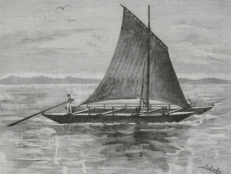 The Nile Expedition (1884-1885). British mission commanded by Wolseley (1833-1913) to relief Major-General Charles George Gordon (1833-1885) at Khartoum, Sudan. Gordon had been sent to Sudan to help the Egyptians withdraw their garrisons after the British decided to abandon Sudan in the face of a rebellion led by Sudanese religious leader Muhammad Ahmad bin Abdullah bin Fahal, the self-proclaimed Mahdi. Copeman's canoe raft, one of the crafts chosen by the Royal Navy to form part of the expedition. It was designed by E. S. Coperman, from Westminster. Drawing by Juan Comba. Engraving. The Spanish and American Illustration (La Ilustracion Espanola y Americana). October 15, 1884.