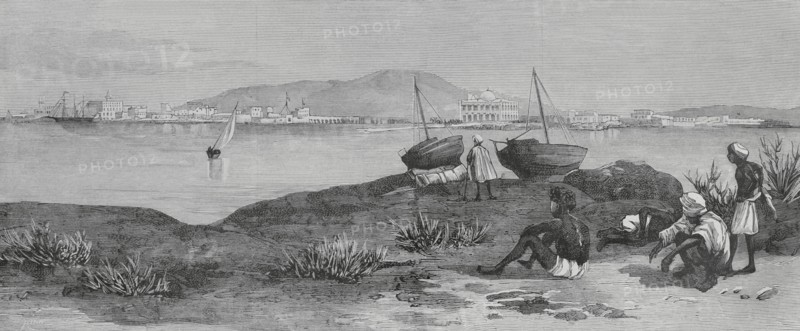 Massawa. General view of the port city on the shores of the Red Sea. During the 19th century it was ruled by the Egyptians with the consent of the Ottomans. In 1885 it passed to Italian control as part of their colony of Eritrea. Engraving. The Spanish and American Illustration (La Ilustracion Espanola y Americana), 1884.