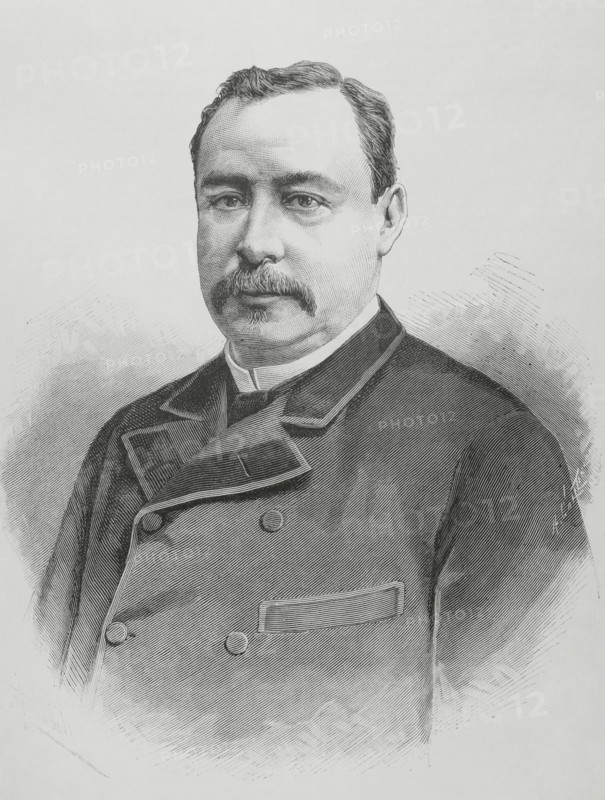 Rafael Zaldivar (1834-1903). President of El Salvador from 1 May 1876 to 6 April 1884, and from 21 August 1884 to 14 May 1885. Portrait. Drawing by Badillo. Engraving by Arturo Carretero (1852-1903). The Spanish and American Illustration (La Ilustracion Espanola y Americana), 1884.