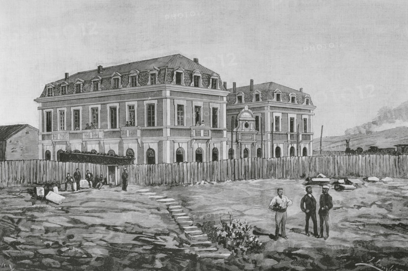 History of Spain. Basque Country. Province of Guipuzkoa. Irun. The Irun Customs Office was created in 1841 by order of General Espartero, the Spanish regent, for the decision to move inland customs to the coast and the border. The new customs building was constructed in 1882, next to the railway station. In 1884 it was used as a lazaretto during the cholera-morbo epidemic of Asian origin. Exterior of the new customs building. Drawing by Juan Comba. Engraving by Vela. The Spanish and American Illustration (La Ilustracion Espanola y Americana). July 22, 1884.