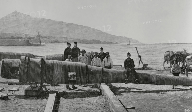 History of Spain. Ceuta. Three Krupp 260 mm (10.2 inch) guns, which the Spanish government assigned to the city's fortifications, on the quay where they were disembarked. Engraving by Vela. The Spanish and American Illustration (La Ilustracion Espanola y Americana), 1884.