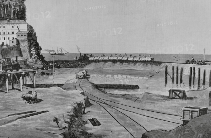 History of Spain. San Sebastian (Donostia), Basque Country. The city's Ensanche Oriental (Eastern Expansion). View of the works from the Santa Catalina Bridge. Drawing from life by Juan Comba. Engraving by Vela. The Spanish and American Illustration (La Ilustracion Espanola y Americana), 1884.