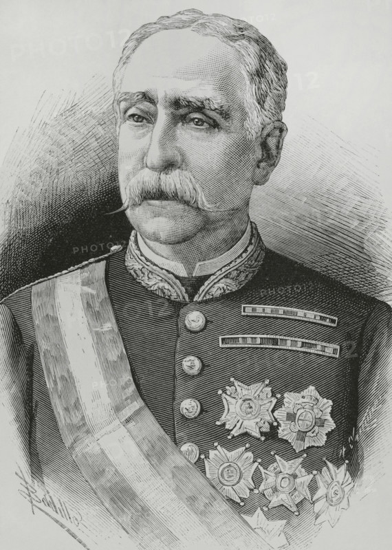 Miguel de la Vega-Inclan y Palma (1820-1884). Spanish military. Governor of Puerto Rico (1884). Portrait. Drawing by Badillo. Engraving by Arturo Carretero (1852-1903). The Spanish and American Illustration (La Ilustracion Espanola y Americana), 1884.