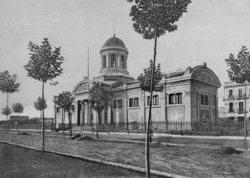 History of Spain. Catalonia. Vilanova i la Geltru, province of Barcelona. Exterior view of the Biblioteca Museu Victor Balaguer (Victor Balaguer Museum and Library). Founded in 1884 by Victor Balaguer (1824-1901), in gratitude to the town for its support throughout his political career. The building was constructed between 1882 and 1884 by the architect Jeroni Granell i Mundet (1834-1889). Engraving by Bernardo Rico. The Spanish and American Illustration (La Ilustracion Espanola y Americana), 1884.