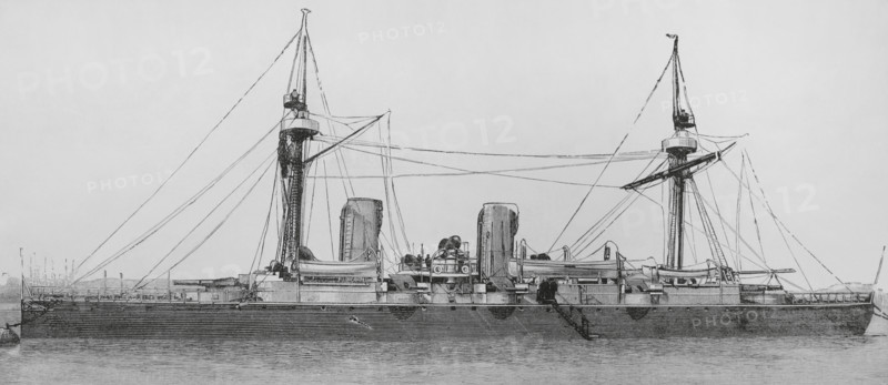 Chilean Navy. Protected cruiser ‘Esmeralda’, built with a steel hull. Designed by George Wightwick Rendel and William G. Armstrong, it was built at W.G. Armstrong & Mitchell and Co. Ltd. shipyard, Low Walker, England. It was launched on 6 June 1883. Arrived in Chile on 16 October 1884. Engraving. The Spanish and American Illustration (La Ilustracion Espanola y Americana), 1884.
