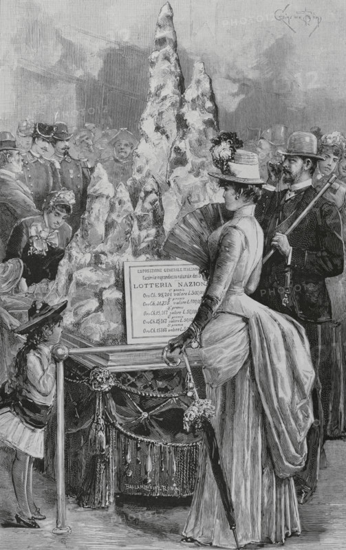 History of Italy. Italian General Exhibition in Turin 1884. Held in Turin between 26 April and 17 November 1884. Lotteria Nazionale (National Lottery). Golden mountain. Visitors to the exhibition looking at the sign with the five top prizes. Engraving. The Spanish and American Illustration (La Ilustracion Espanola y Americana). November 15, 1884.